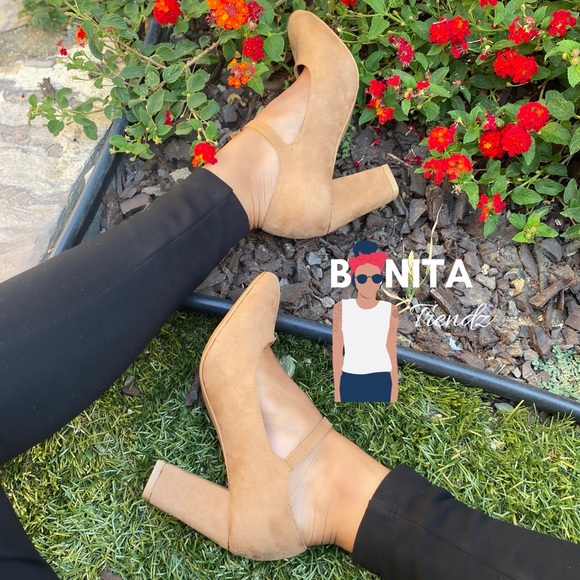 Vegan Suede Tan Mary Jane Pin Up Pumps Heels - Picture 4 of 5